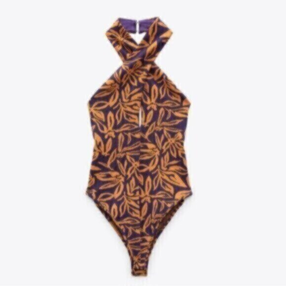 Zara Tops - ZARA Jacquard Halter Floral Bodysuit Orange & Purple   Small